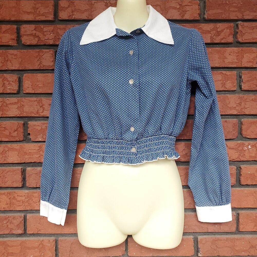 VTG 70s Long Sleeve Crop Top XS Blue Polka Dot White Dagger Collar Brady Bunch